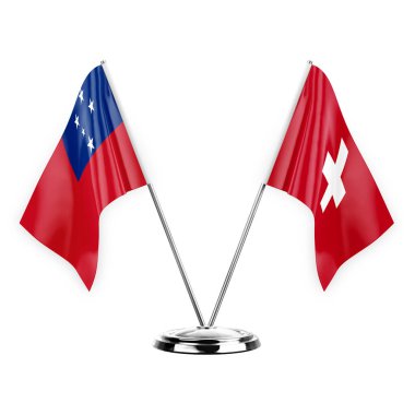 Two table flags isolated on white background 3d illustration, samoa and switzerland
