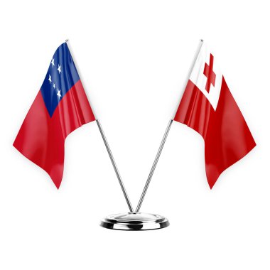 Two table flags isolated on white background 3d illustration, samoa and tonga