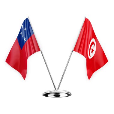 Two table flags isolated on white background 3d illustration, samoa and tunisia