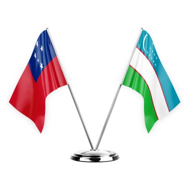 Two table flags isolated on white background 3d illustration, samoa and uzbekistan