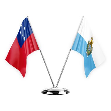 Two table flags isolated on white background 3d illustration, samoa and san marino