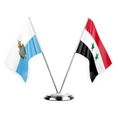 Two table flags isolated on white background 3d illustration, san marino and syria