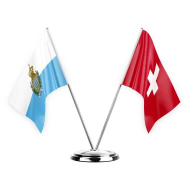Two table flags isolated on white background 3d illustration, san marino and switzerland