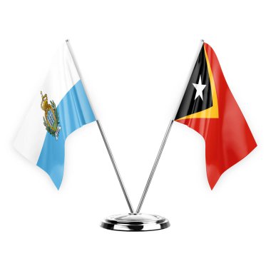 Two table flags isolated on white background 3d illustration, san marino and timor leste