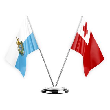 Two table flags isolated on white background 3d illustration, san marino and tonga