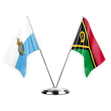 Two table flags isolated on white background 3d illustration, san marino and vanuatu