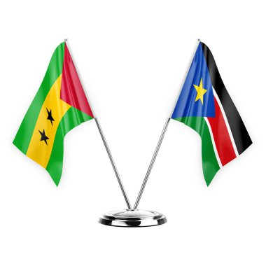 Two table flags isolated on white background 3d illustration, sao tome and principe and south sudan