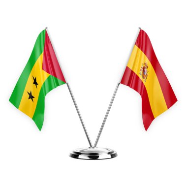 Two table flags isolated on white background 3d illustration, sao tome and principe and spain