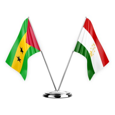 Two table flags isolated on white background 3d illustration, sao tome and principe and tajikistan