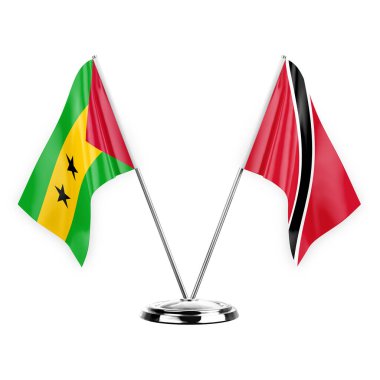 Two table flags isolated on white background 3d illustration, sao tome and principe and tobago
