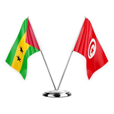 Two table flags isolated on white background 3d illustration, sao tome and principe and tunisia
