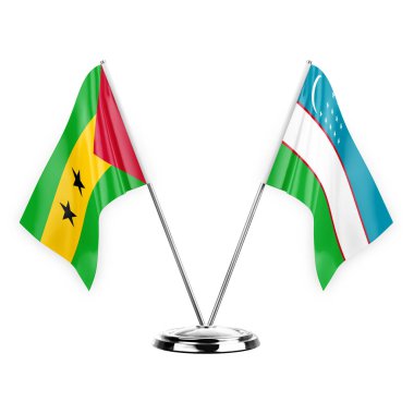 Two table flags isolated on white background 3d illustration, sao tome and principe and uzbekistan