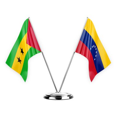 Two table flags isolated on white background 3d illustration, sao tome and principe and venezuela