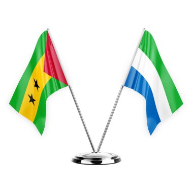 Two table flags isolated on white background 3d illustration, sao tome and principe and sierra leone