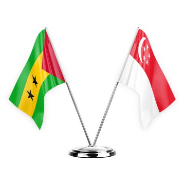 Two table flags isolated on white background 3d illustration, sao tome and principe and singapore