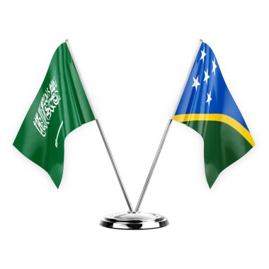 Two table flags isolated on white background 3d illustration, saudi arabia and solomon islands