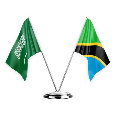 Two table flags isolated on white background 3d illustration, saudi arabia and tanzania