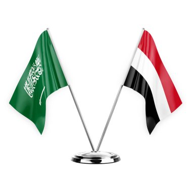 Two table flags isolated on white background 3d illustration, saudi arabia and yemen