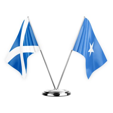 Two table flags isolated on white background 3d illustration, scotland and somalia