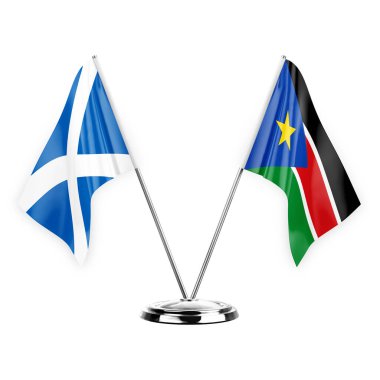 Two table flags isolated on white background 3d illustration, scotland and south sudan