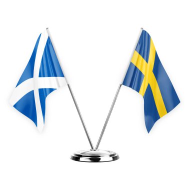 Two table flags isolated on white background 3d illustration, scotland and sweden