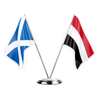 Two table flags isolated on white background 3d illustration, scotland and yemen