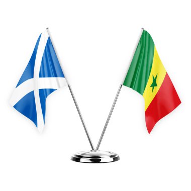 Two table flags isolated on white background 3d illustration, scotland and senegal