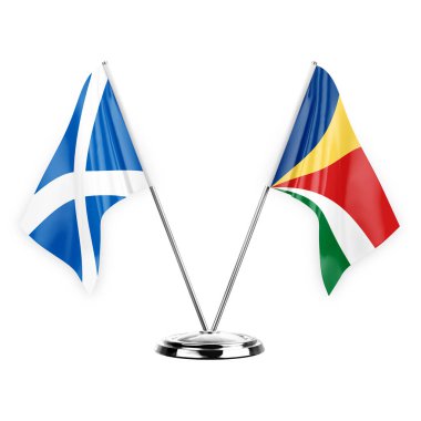 Two table flags isolated on white background 3d illustration, scotland and seychelles