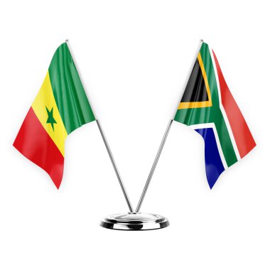 Two table flags isolated on white background 3d illustration, senegal and south africa
