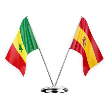 Two table flags isolated on white background 3d illustration, senegal and spain