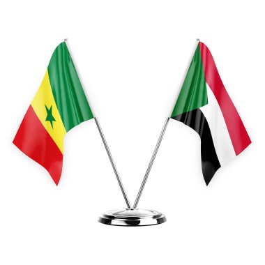 Two table flags isolated on white background 3d illustration, senegal and sudan