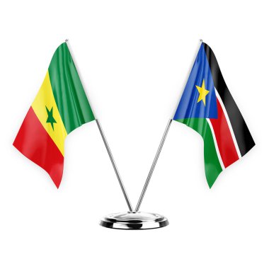 Two table flags isolated on white background 3d illustration, senegal and south sudan