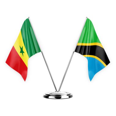 Two table flags isolated on white background 3d illustration, senegal and tanzania