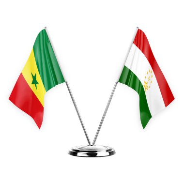 Two table flags isolated on white background 3d illustration, senegal and tajikistan