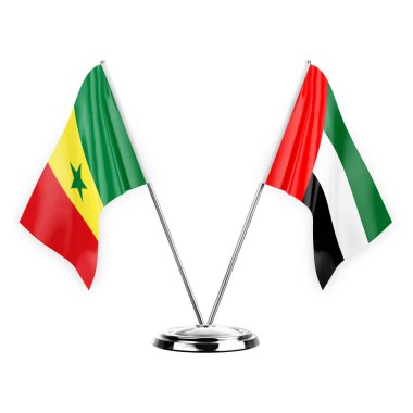 Two table flags isolated on white background 3d illustration, senegal and united arab emirates