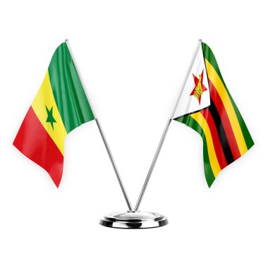 Two table flags isolated on white background 3d illustration, senegal and zimbabwe