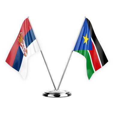 Two table flags isolated on white background 3d illustration, serbia and south sudan