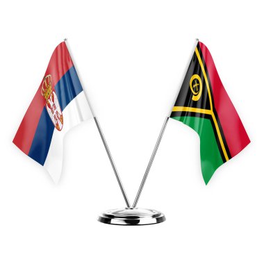 Two table flags isolated on white background 3d illustration, serbia and vanuatu
