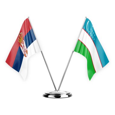 Two table flags isolated on white background 3d illustration, serbia and uzbekistan