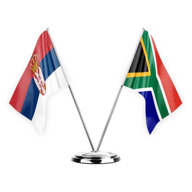 Two table flags isolated on white background 3d illustration, serbia and south africa