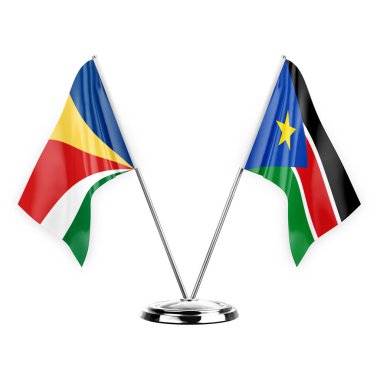 Two table flags isolated on white background 3d illustration, seychelles and south sudan
