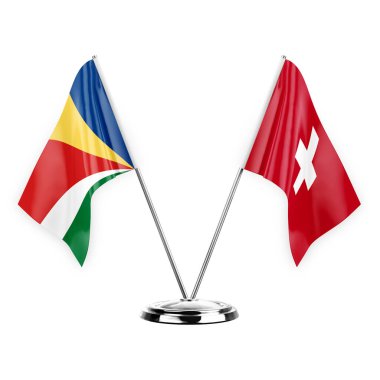 Two table flags isolated on white background 3d illustration, seychelles and switzerland