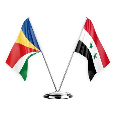 Two table flags isolated on white background 3d illustration, seychelles and syria