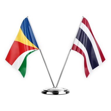 Two table flags isolated on white background 3d illustration, seychelles and thailand