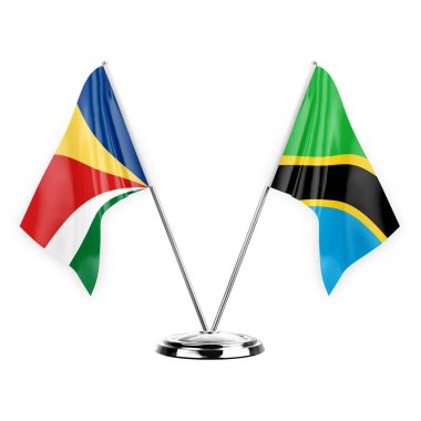 Two table flags isolated on white background 3d illustration, seychelles and tanzania