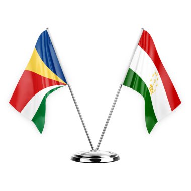 Two table flags isolated on white background 3d illustration, seychelles and tajikistan