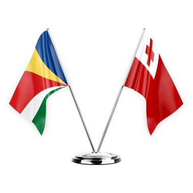 Two table flags isolated on white background 3d illustration, seychelles and tonga