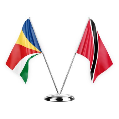 Two table flags isolated on white background 3d illustration, seychelles and tobago