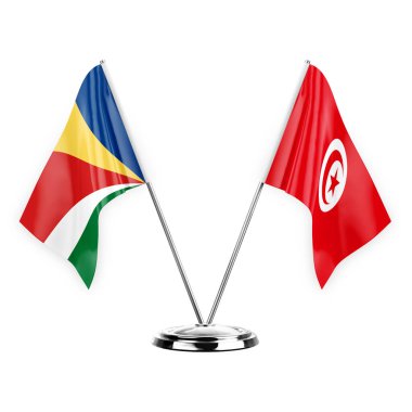 Two table flags isolated on white background 3d illustration, seychelles and tunisia