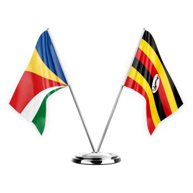 Two table flags isolated on white background 3d illustration, seychelles and uganda
